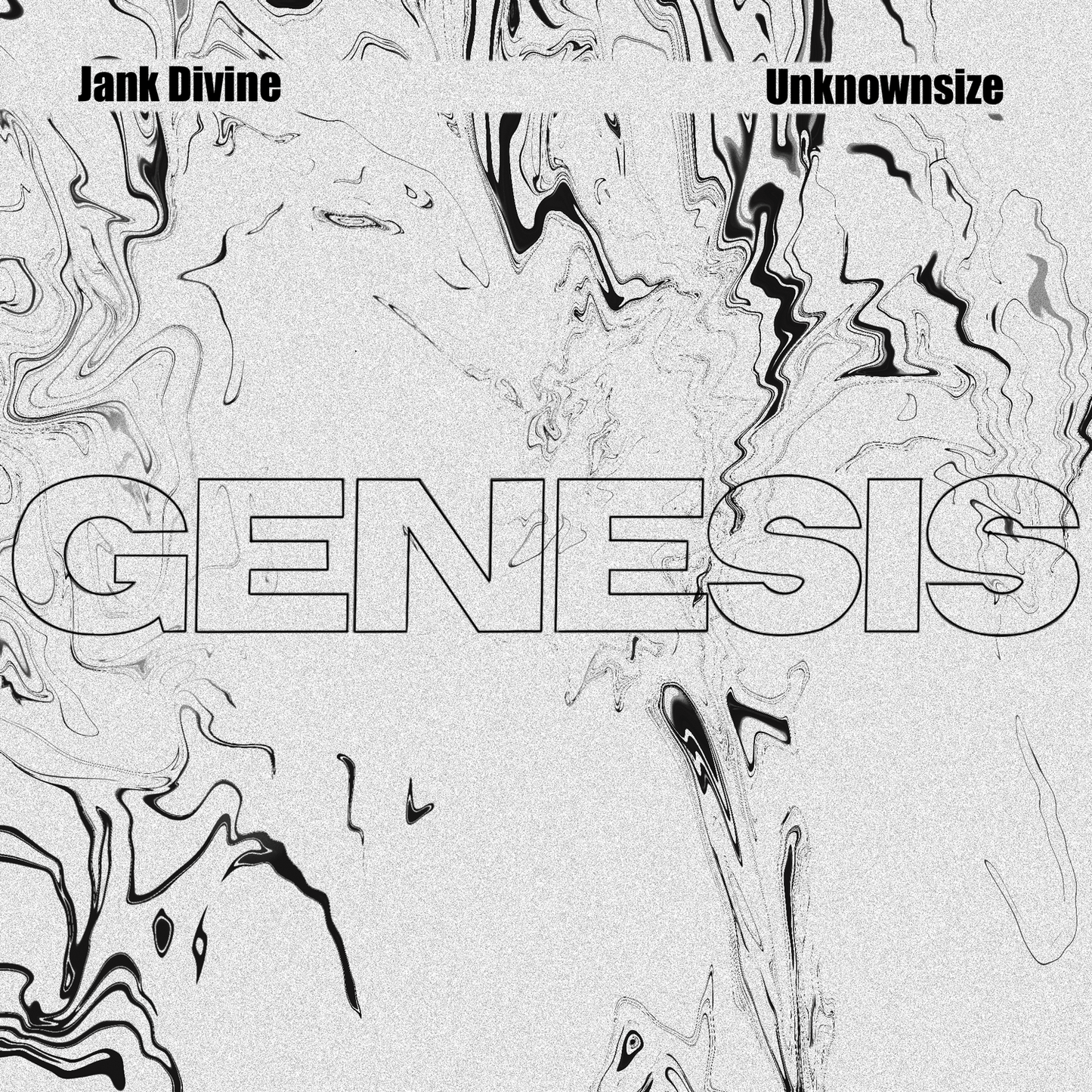 Album cover with abstract design and text 'Jank Divine', 'Unknownsize', and 'GENESIS' on a light gray background.