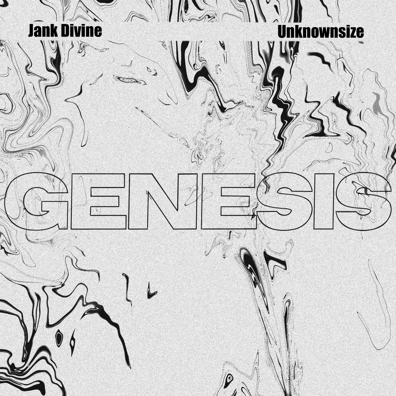 Album cover with abstract design and text 'Jank Divine', 'Unknownsize', and 'GENESIS' on a light gray background.
